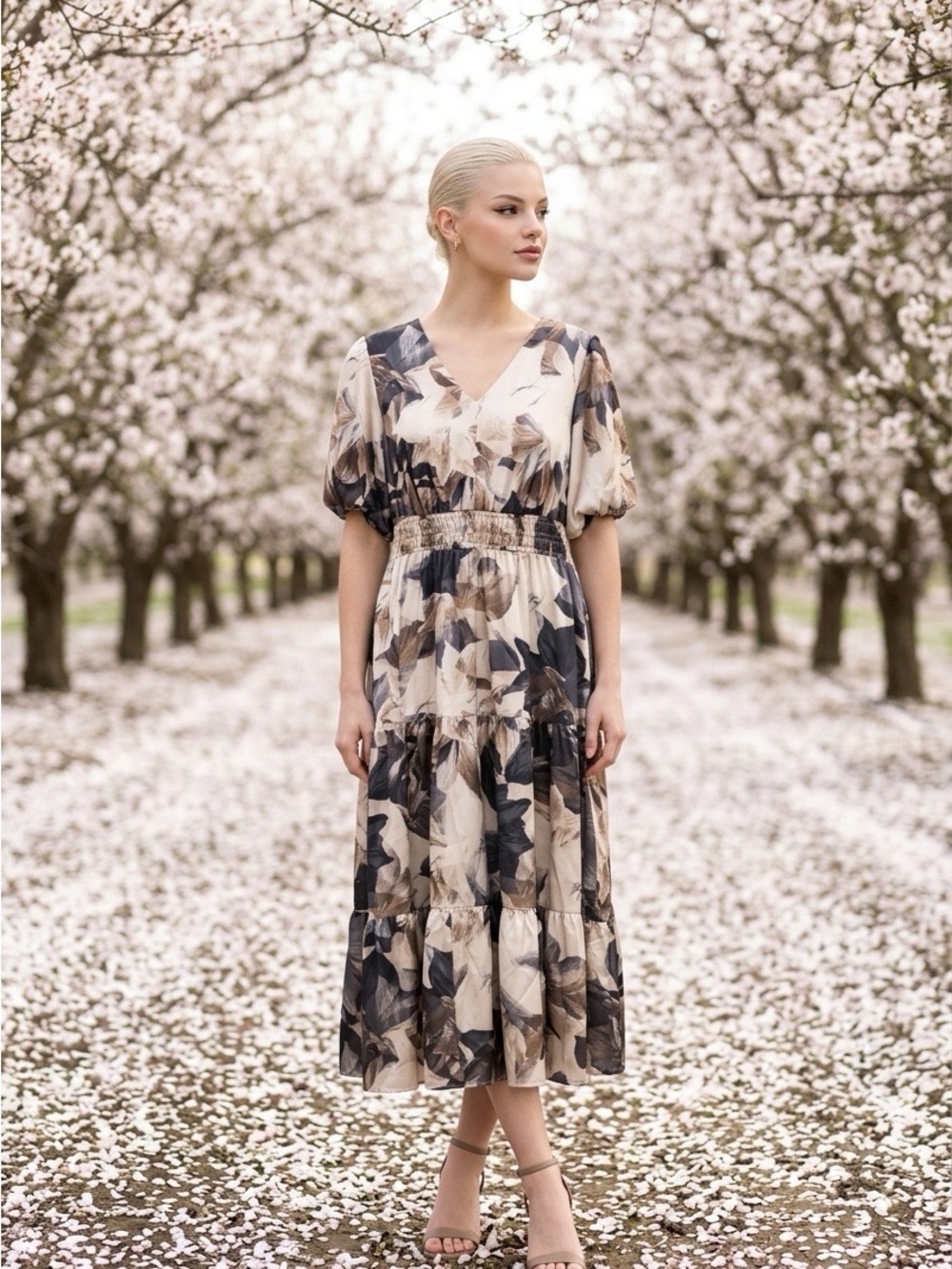 2341 - Boho-Chic Elegance: Rachel Zoe Floral V-Neck Midi Dress, L
